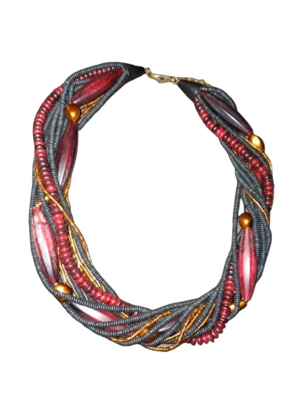 Beaded torsade statement necklace black reddish and coppery